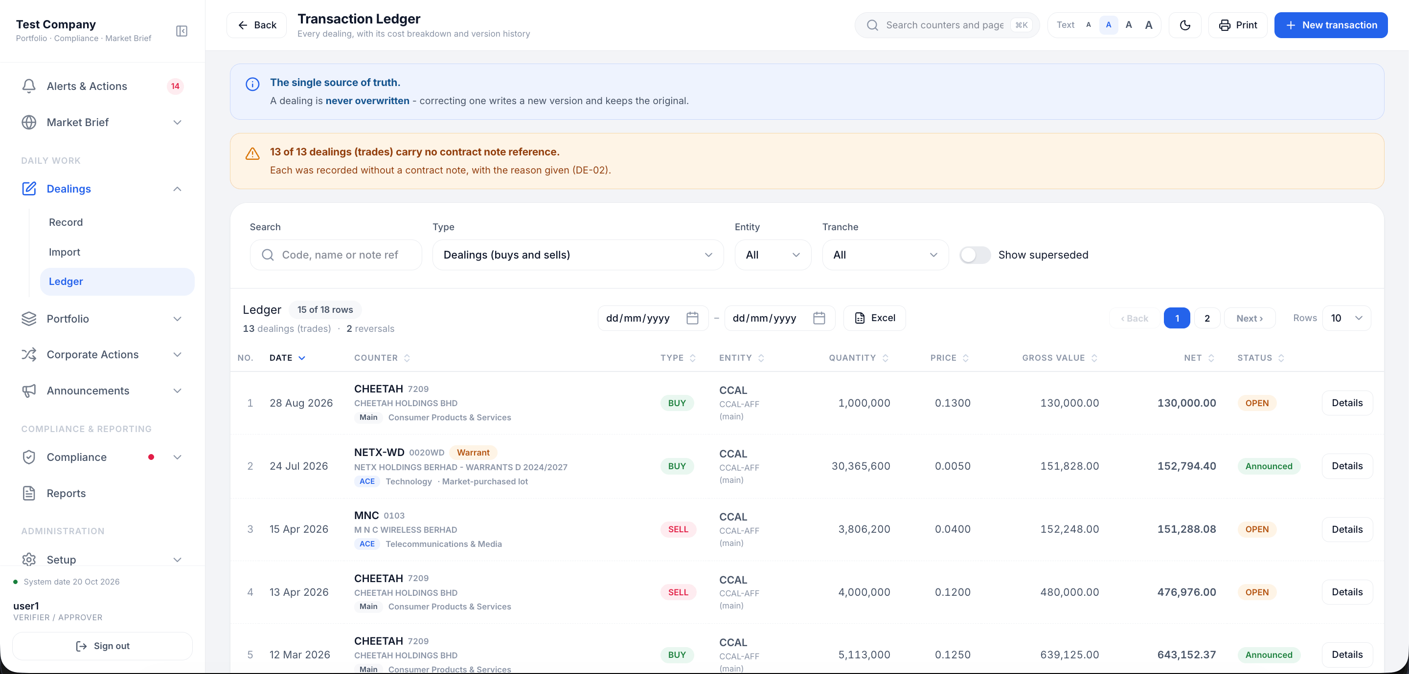 Transaction ledger listing every dealing with its cost breakdown and version history