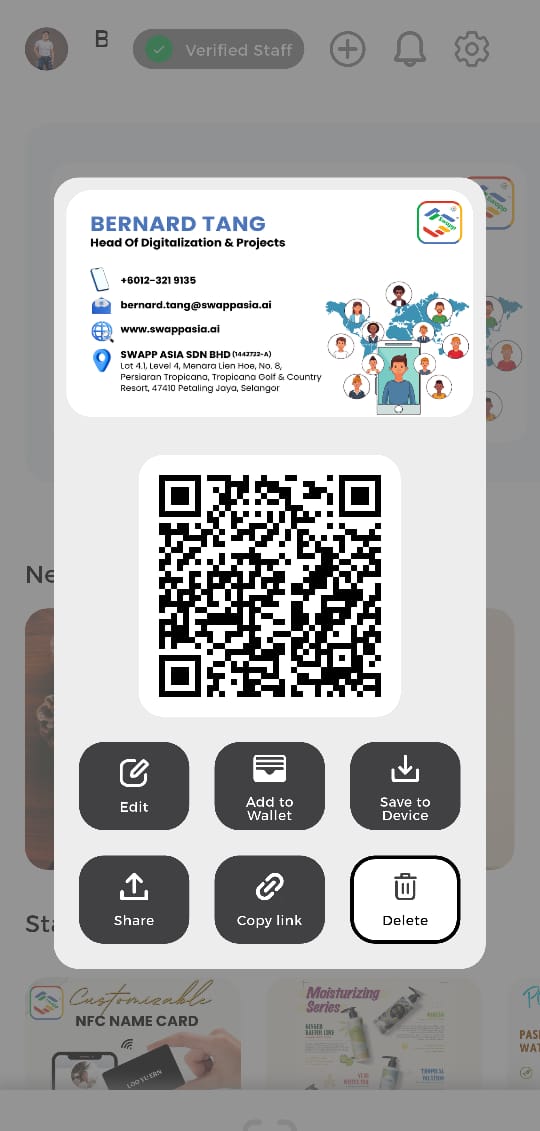 A digital business card shared by QR code, with options to add to Wallet, save, share or copy the link